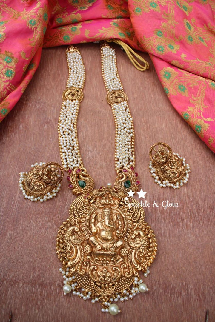 Gold alike polished Ganesha carved peacock haram - Pearl - Sparkle and Glow