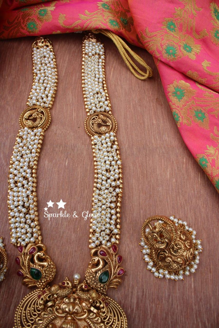 Gold alike polished Ganesha carved peacock haram - Pearl - Sparkle and Glow