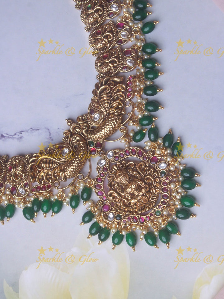 Gold alike Lakshmi peacock haram with green beads