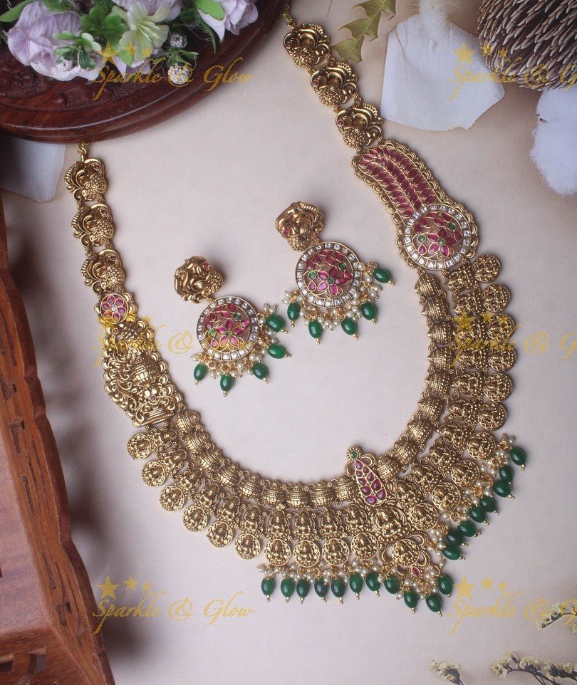 Grand Bridal Gold alike Lakshmi coin haram with green beads - Sparkle and Glow - Green - Back Thread