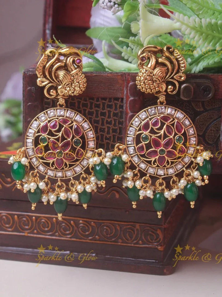 Grand Bridal Gold alike Lakshmi coin haram with green beads - Sparkle and Glow