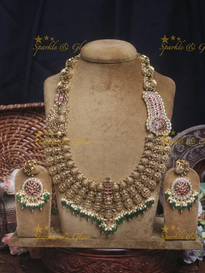 Grand Bridal Gold alike Lakshmi coin haram with green beads - Sparkle and Glow