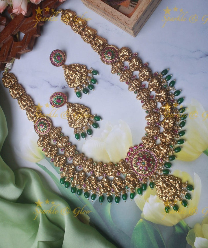 Grand Bridal Gold alike Lakshmi peacock haram with green beads