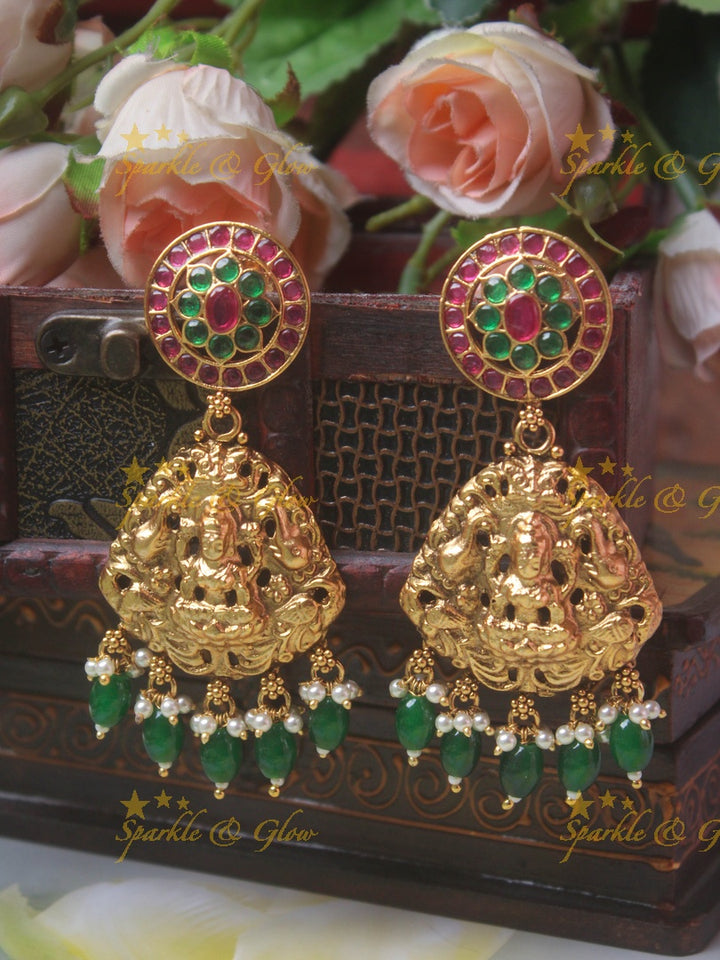 Grand Bridal Gold alike Lakshmi peacock haram with green beads