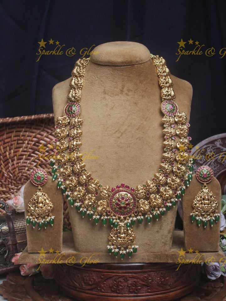 Grand Bridal Gold alike Lakshmi peacock haram with green beads