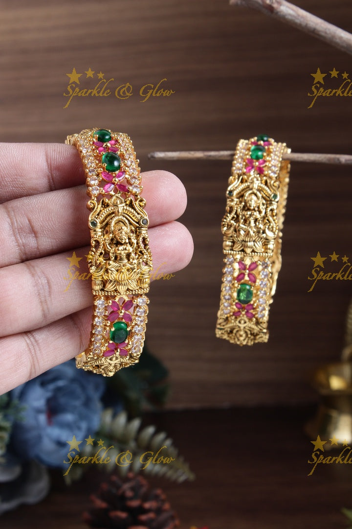 Gold alike lakhsmi carved intricate design floral bangles - pair of 2