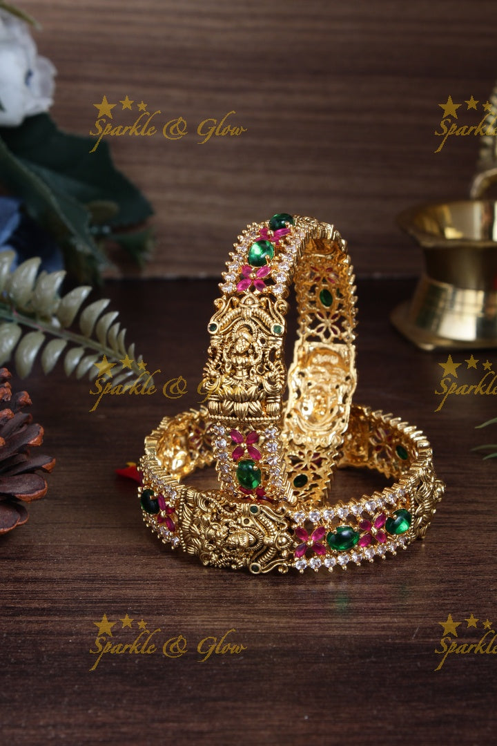 Gold alike lakhsmi carved intricate design floral bangles - pair of 2