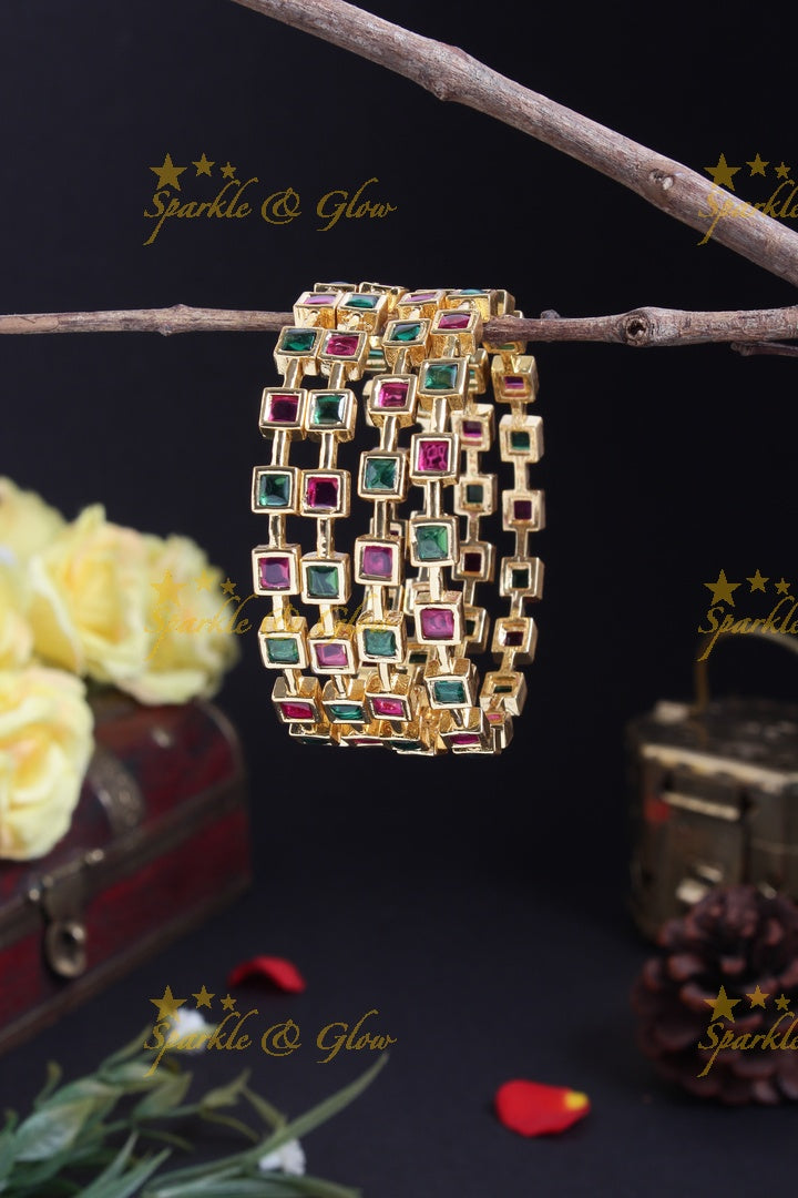 Gold alike sqaure shape stone deisgn bangles