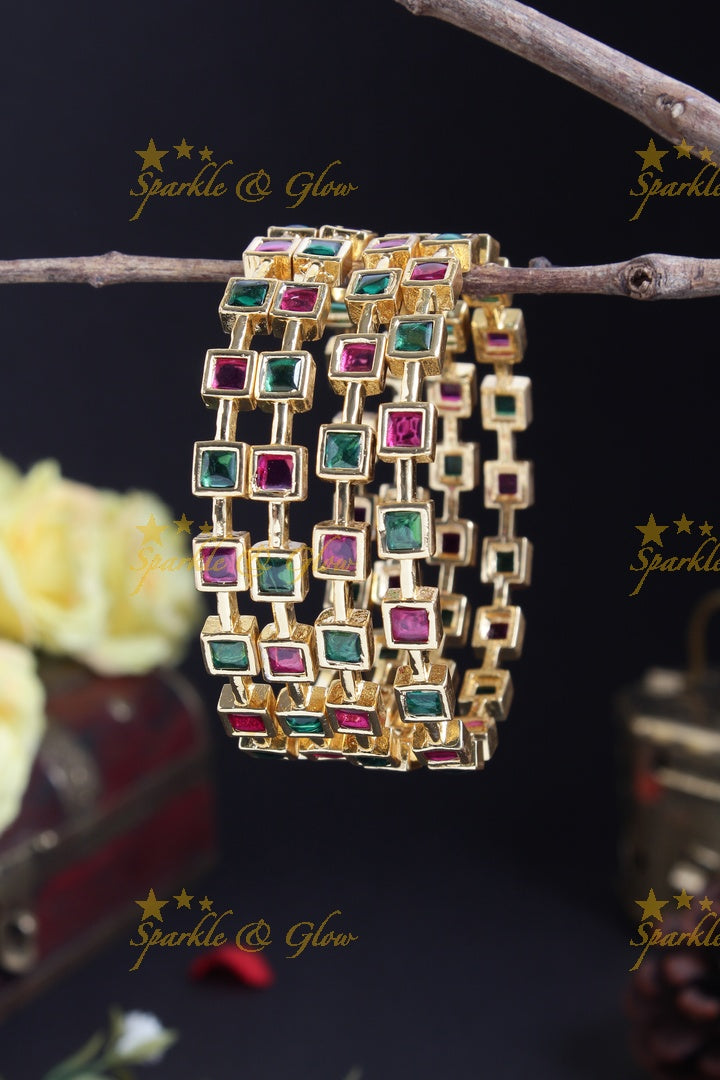 Gold alike sqaure shape stone deisgn bangles