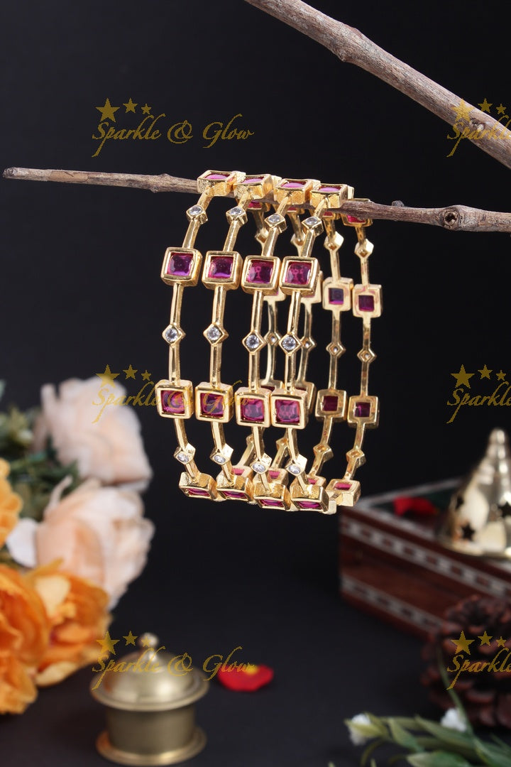 Gold alike sqaure and diamond shape stone deisgn bangles
