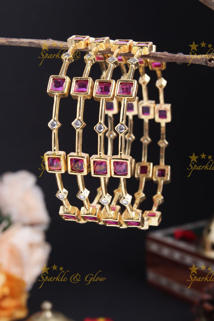 Gold alike sqaure and diamond shape stone deisgn bangles