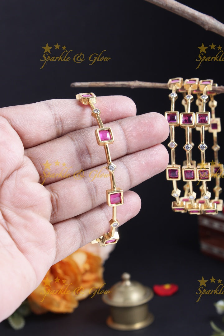 Gold alike sqaure and diamond shape stone deisgn bangles