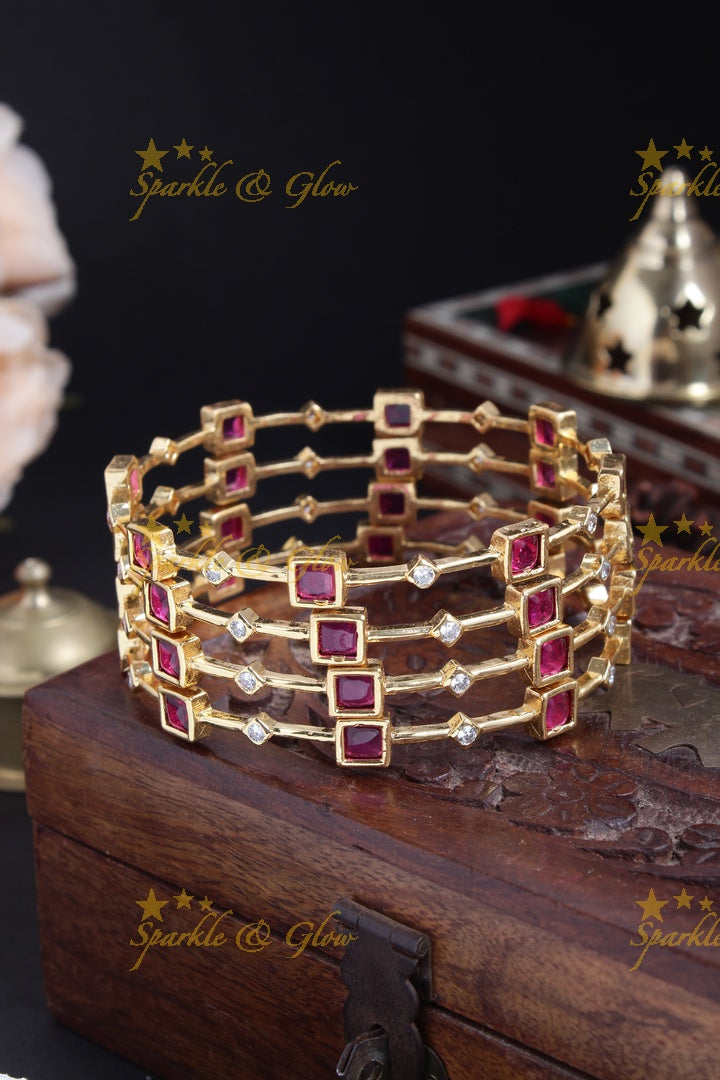 Gold alike sqaure and diamond shape stone deisgn bangles