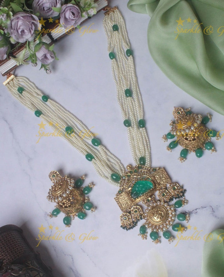 Beautiful non idol carving stone pendent pearl chain with green beads