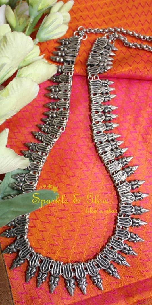 Kohlpuri oxidised long necklace - peacock - Sparkle and Glow