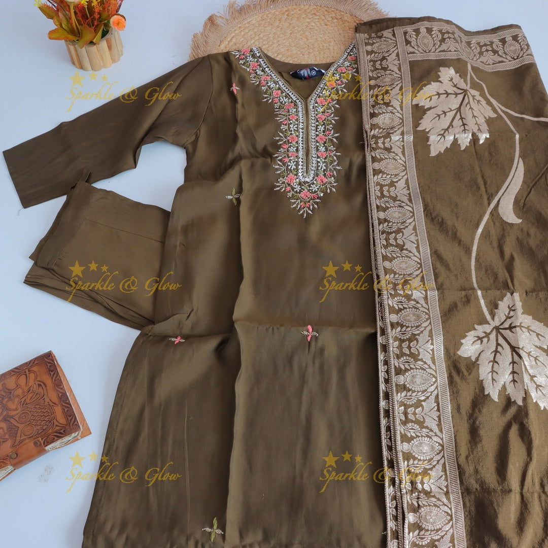 Gorgeous Roman Silk Kurti pant with Banarasi jacquard Dupatta set- Olive Green