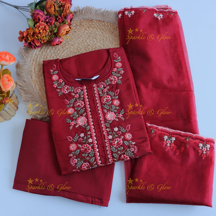 Beautiful Modal Silk Kurti pant with Organza Dupatta set- Marron