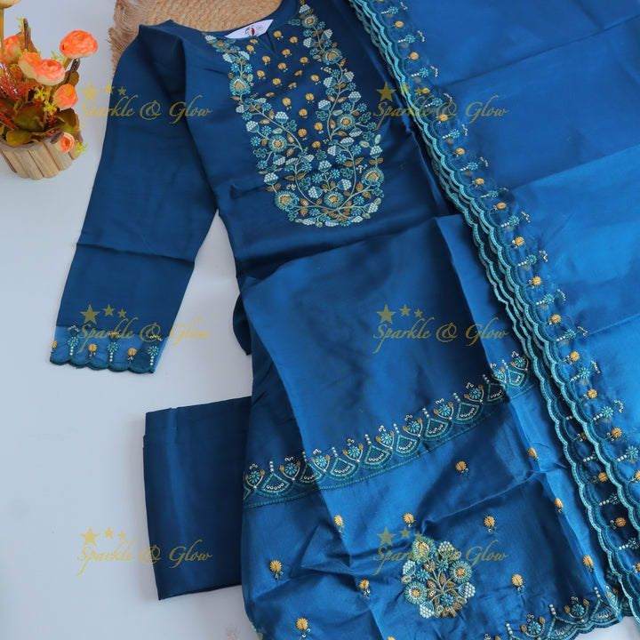 Beautiful Modal Silk Kurti pant with Organza Dupatta set- Blue