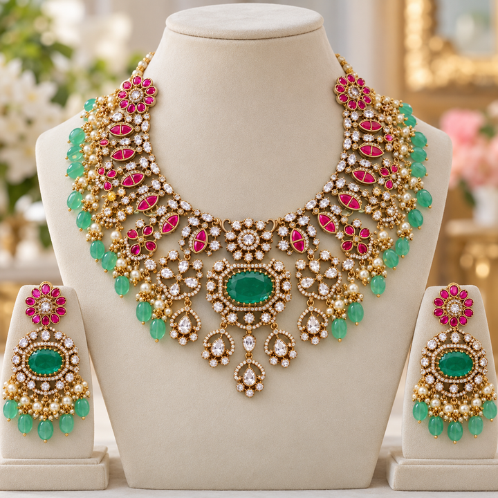 Exquisite Floral Short Necklace with Green Beads - Sparkle & Glow