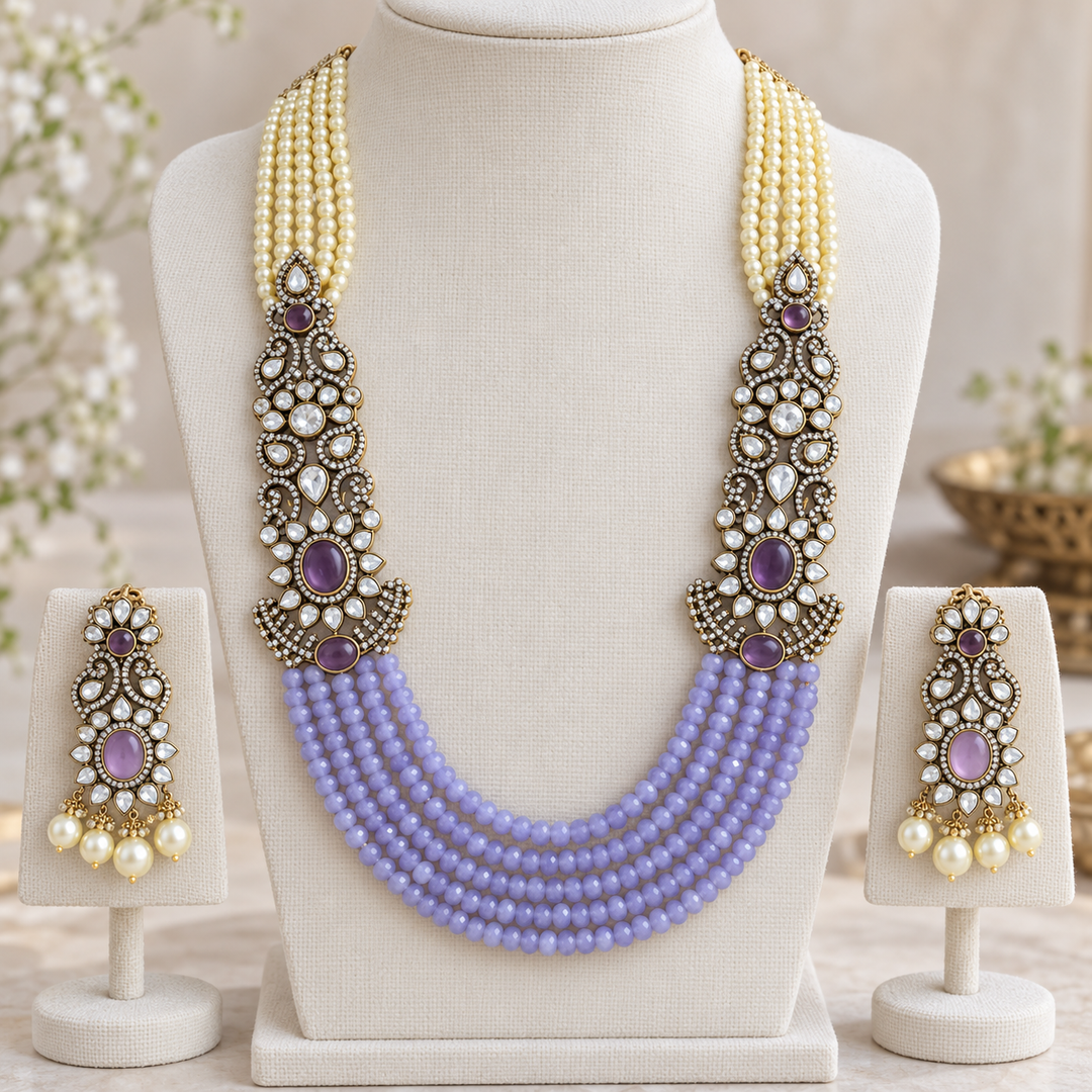 Victorian Floral AD Haram with Red Beads & Pearls