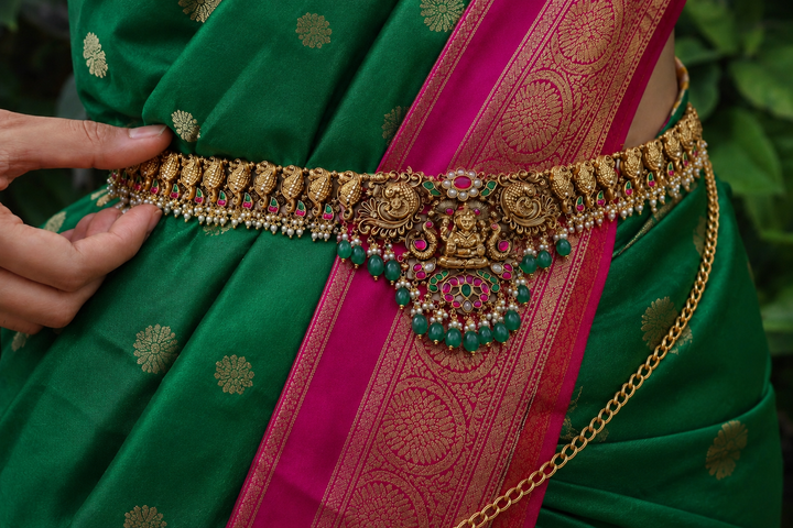 Jadau Lakshmi Peacock Carved Hipchain - Green Beads