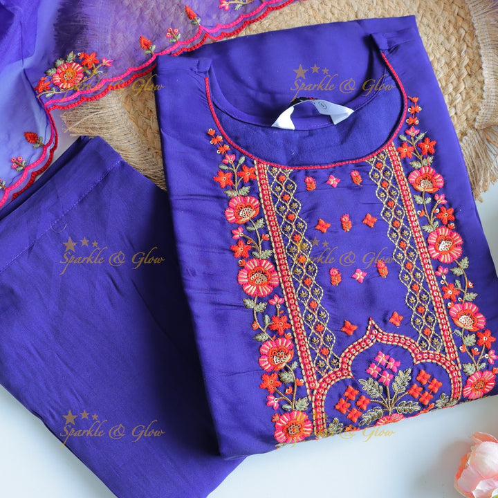 Beautiful Modal Silk Kurti pant with Organza Dupatta set- Purple