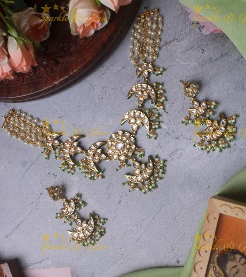 Statememt Kundan floral and moon pearl necklace - Sparkle and Glow