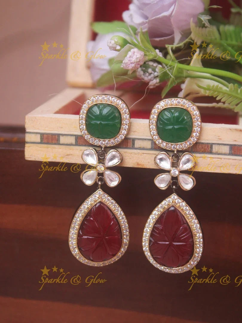 Exquisite carved stone kundan necklace - Navarathna - Sparkle and Glow