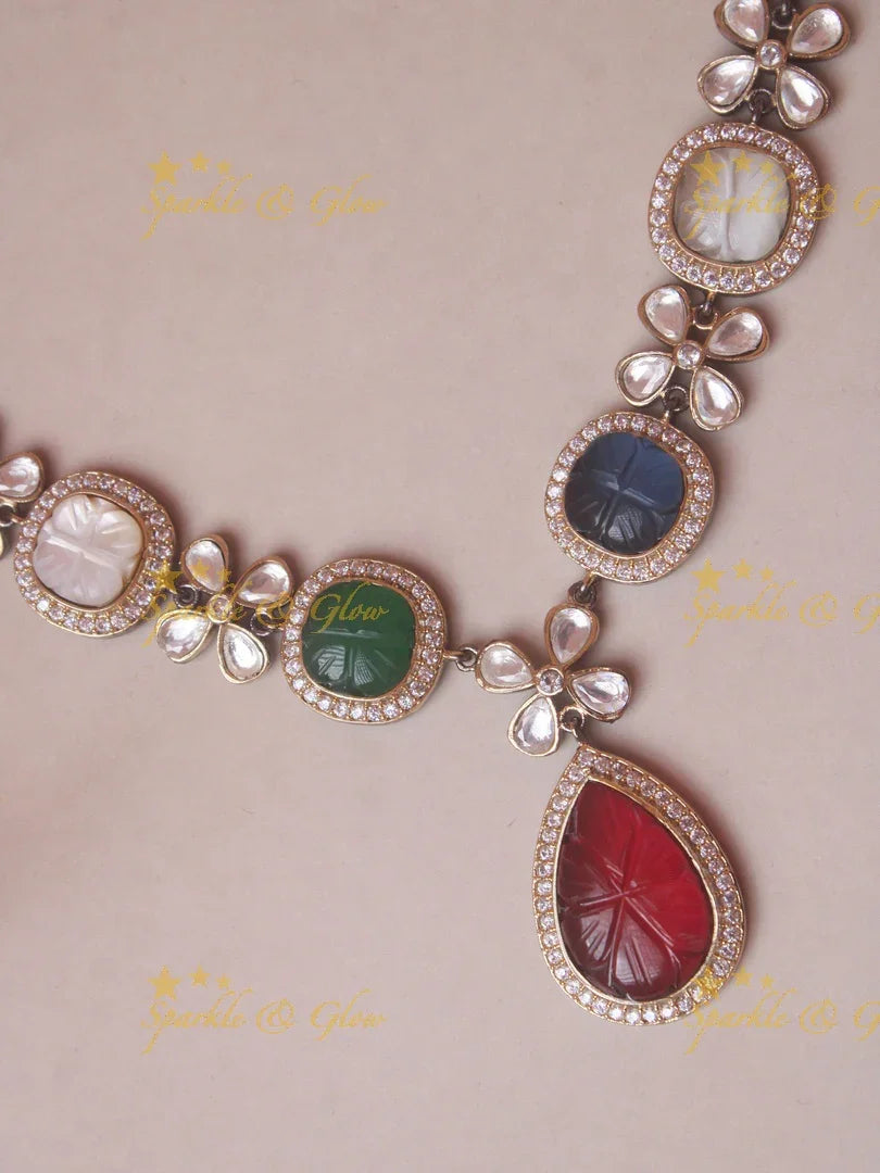 Exquisite carved stone kundan necklace - Navarathna - Sparkle and Glow
