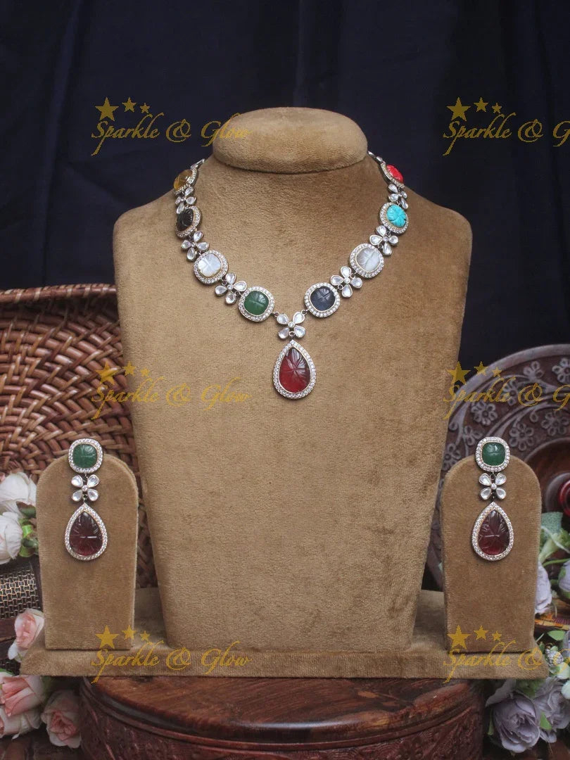 Exquisite carved stone kundan necklace - Navarathna - Sparkle and Glow