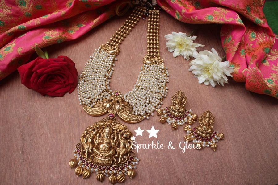 Gold alike polished Ganesha carved pearl cluster statement haram - Sparkle and Glow