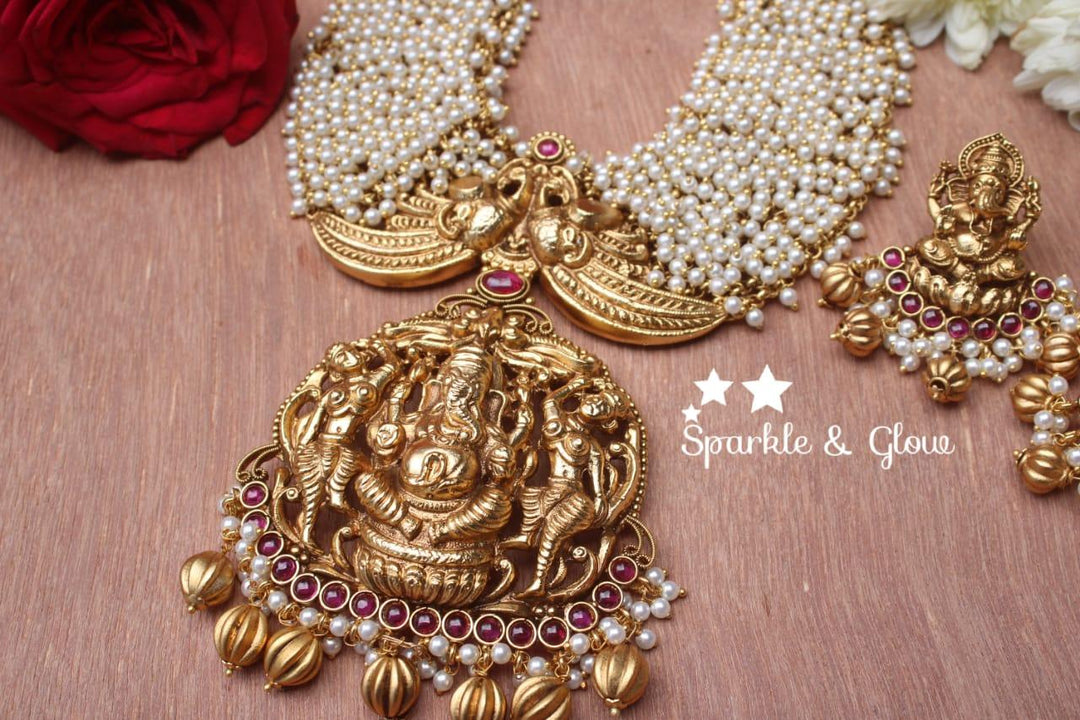 Gold alike polished Ganesha carved pearl cluster statement haram - Sparkle and Glow