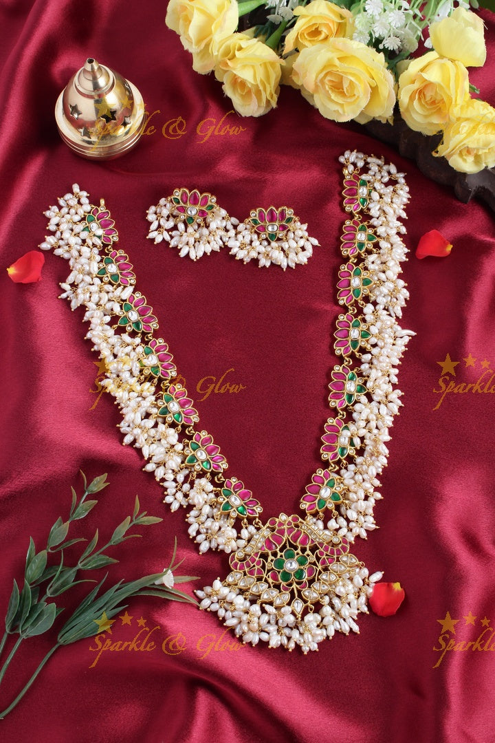 Beautiful Gheru gold jadau lotus rice pearl guttapusalu long necklace
