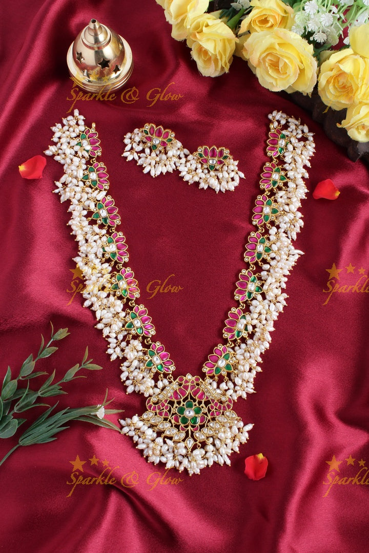 Beautiful Gheru gold jadau lotus rice pearl guttapusalu long necklace