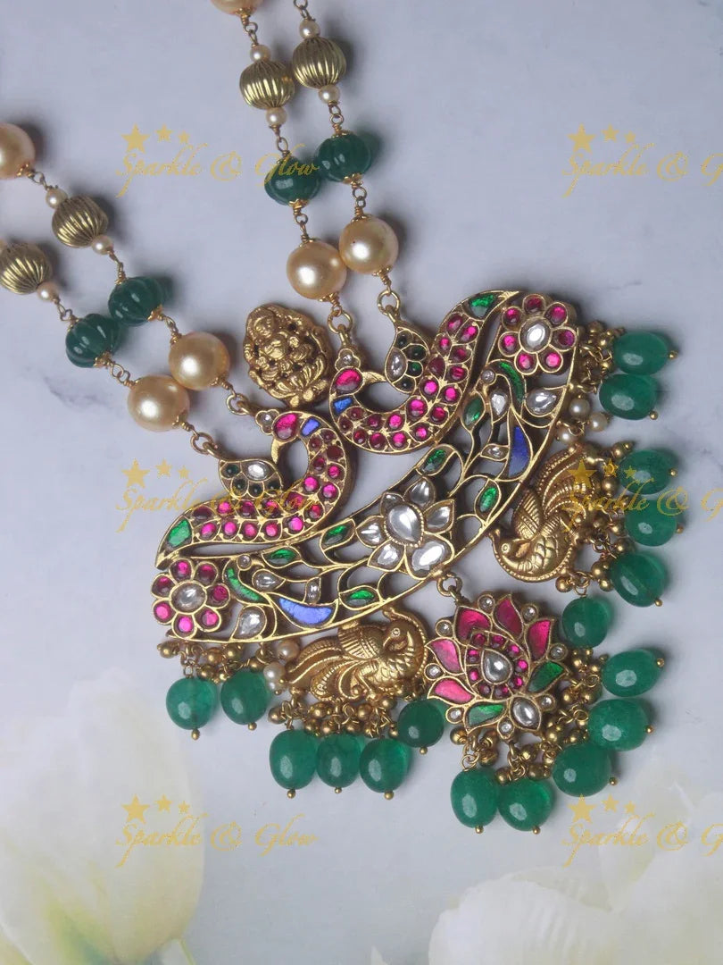Beautiful pumpkin beads Jadau Lakshmi pendent chain with Lotus and peacock design - Pearl Green Gold - Sparkle and Glow