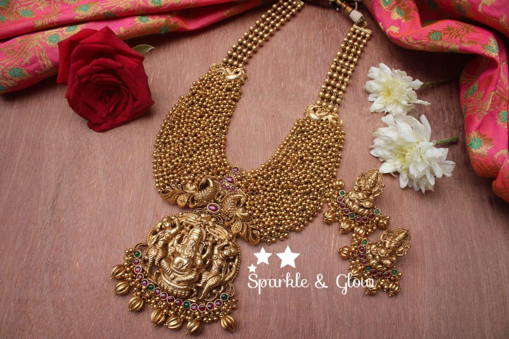 Gold alike polished Ganesha carved pearl cluster statement haram - Sparkle and Glow