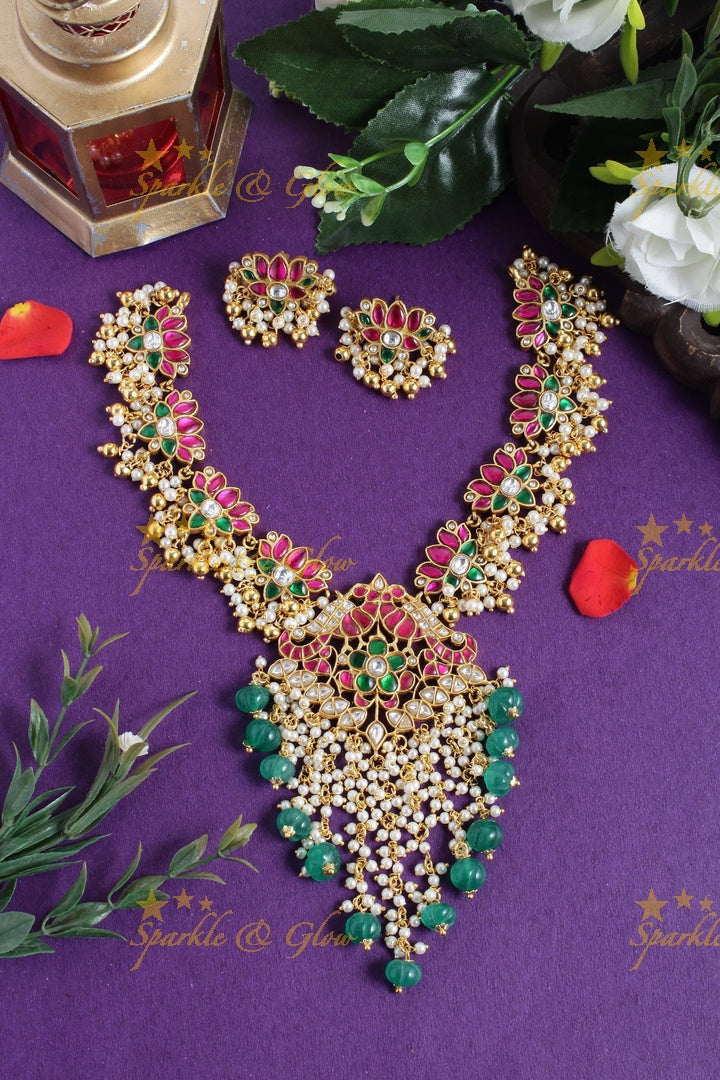 Gheru gold jadau lotus peacock carved pumpkin bead pearl necklace