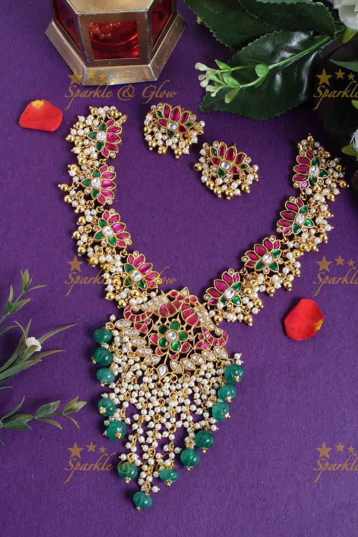 Gheru gold jadau lotus peacock carved pumpkin bead pearl necklace