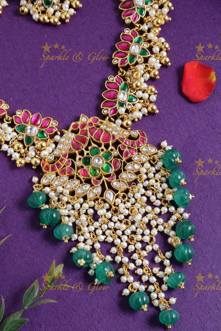 Gheru gold jadau lotus peacock carved pumpkin bead pearl necklace