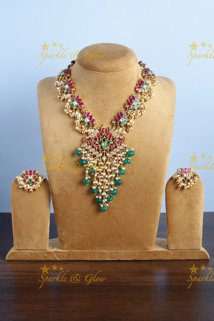 Gheru gold jadau lotus peacock carved pumpkin bead pearl necklace