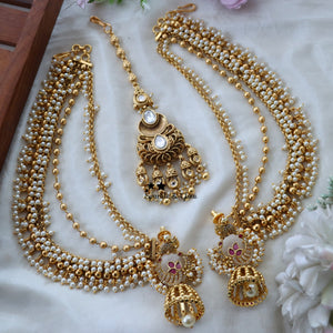 Grand Pearl & CZ Jhumka Bridal Combo with Ear Chain & Maang Tikka