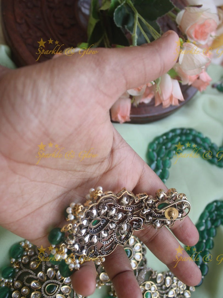 Exquisite victorian AD stones peacock pendent beads chain - Light pink - Sparkle and Glow - Green - Back Thread