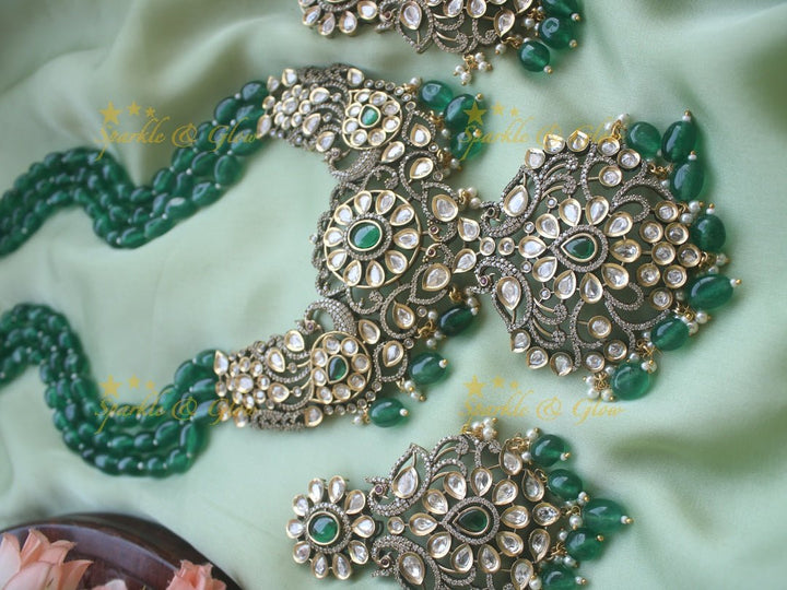 Exquisite victorian AD stones peacock pendent beads chain - Light pink - Sparkle and Glow - Green - Back Thread