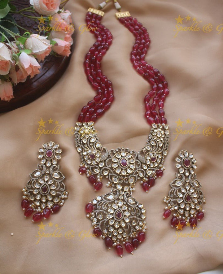 Exquisite victorian AD stones peacock pendent beads chain - Light pink - Sparkle and Glow - Green - Back Thread