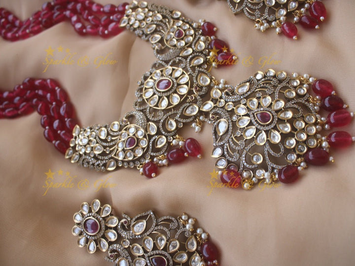Exquisite victorian AD stones peacock pendent beads chain - Light pink - Sparkle and Glow - Pink - Back Thread