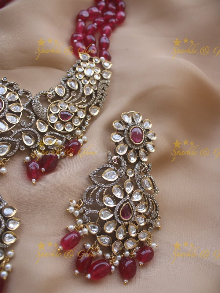Exquisite victorian AD stones peacock pendent beads chain - Light pink - Sparkle and Glow - Pink - Back Thread