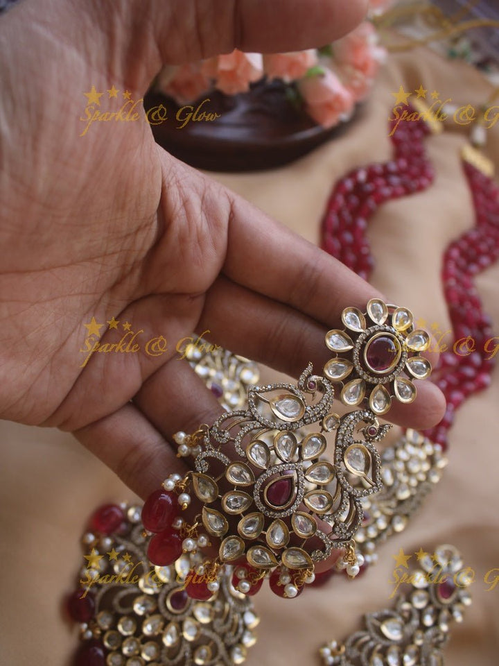 Exquisite victorian AD stones peacock pendent beads chain - Light pink - Sparkle and Glow - Green - Back Thread