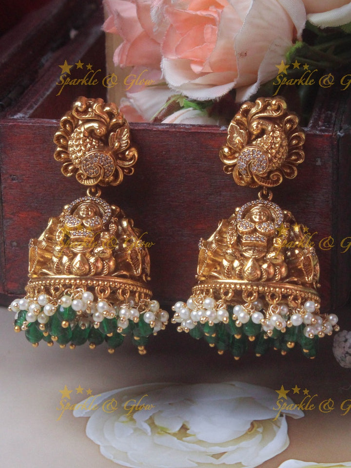 Gold alike Elegant Lakshmi Peacock necklace with green beads