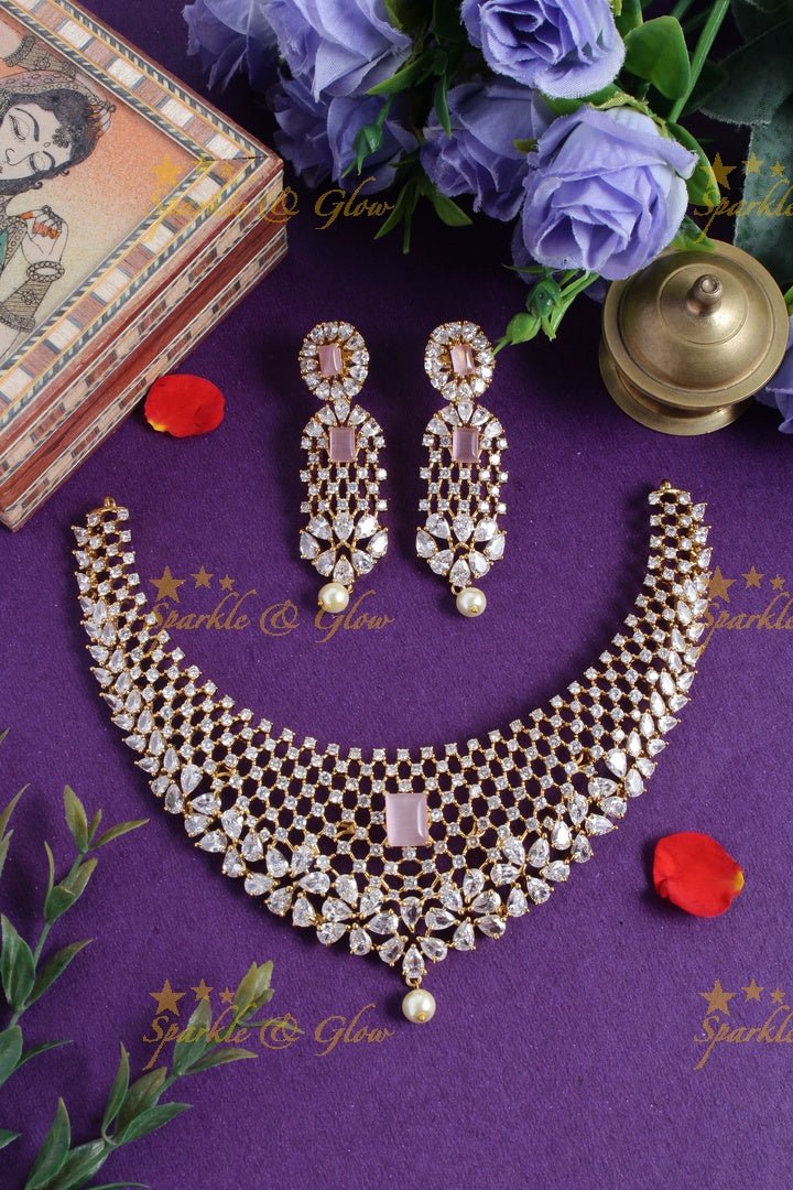 Stunning floral american diamond short necklace - Pink - Sparkle and Glow - Pink - Back Thread