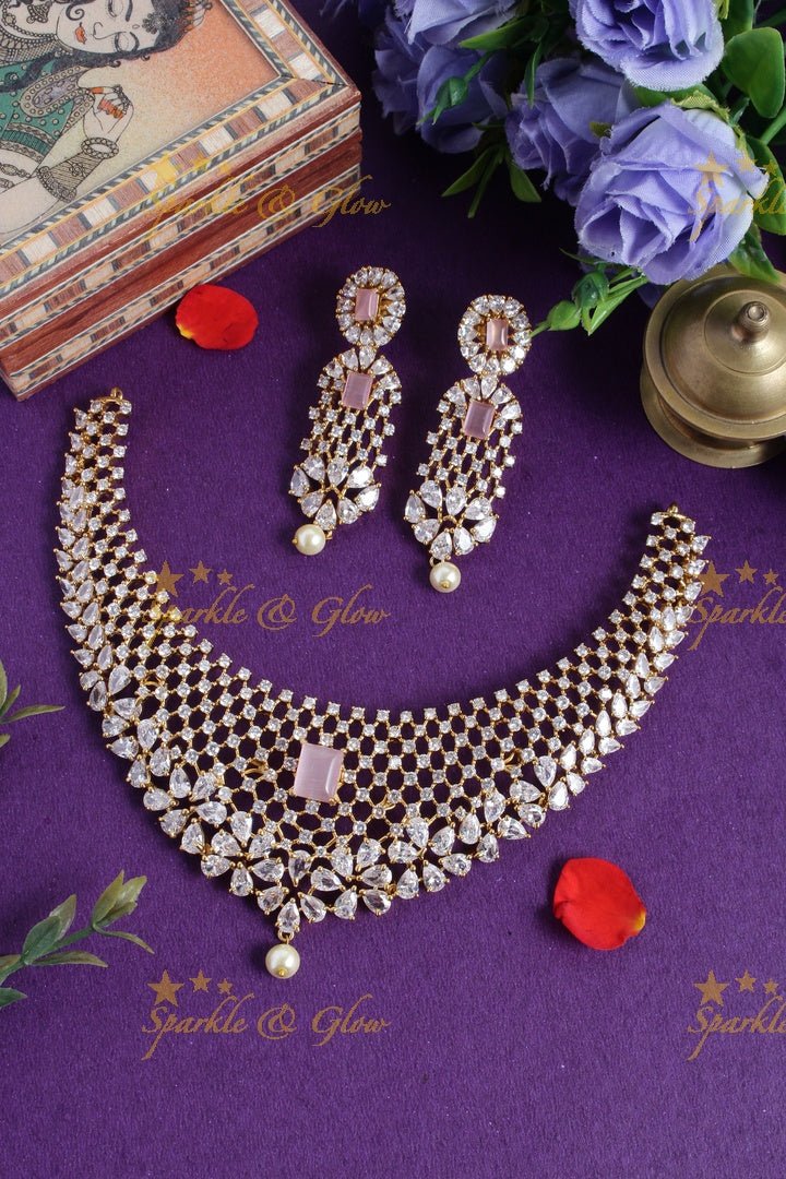 Stunning floral american diamond short necklace - Pink - Sparkle and Glow - Pink - Back Thread
